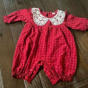 Adorable, newborn red, gingham, crochet, lace, collared romper ￼